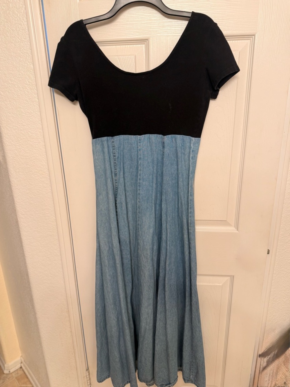 Vintage Black leotard top and Denim Blue Two-Tone Midi Dress